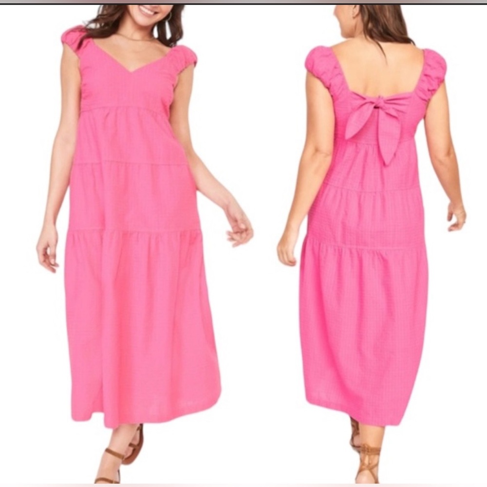 Old Navy Hot Pink Tiered V-Neck Maxi Dress